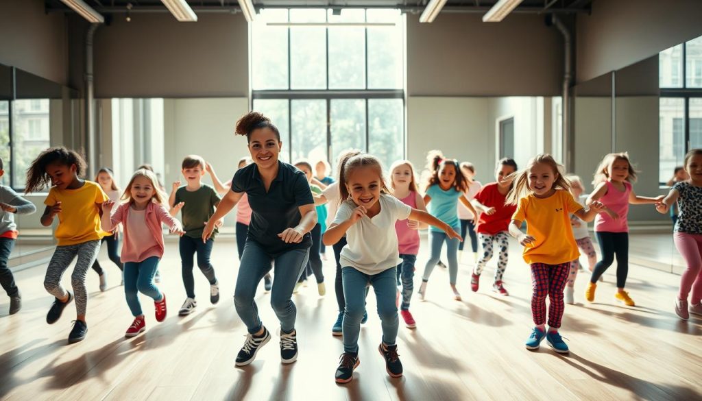 A vibrant, dynamic hip-hop dance class for children aged 6 to 12 years in a spacious studio. In the foreground, diverse children in colorful, casual clothing are energetically practicing dance moves, displaying joy and enthusiasm. The middle ground features a professional instructor, dressed in modern, modest attire, guiding and encouraging the children with a friendly smile. Bright, natural light streams through large windows, creating a warm, inviting atmosphere. In the background, large mirrors reflect the energetic scene, showcasing the children's progression and teamwork. The overall mood is lively and encouraging, emphasizing growth, creativity, and fun in hip-hop dance. Capture the sense of movement and rhythm as the children express themselves through dance, with a focus on their smiles and commitment.
