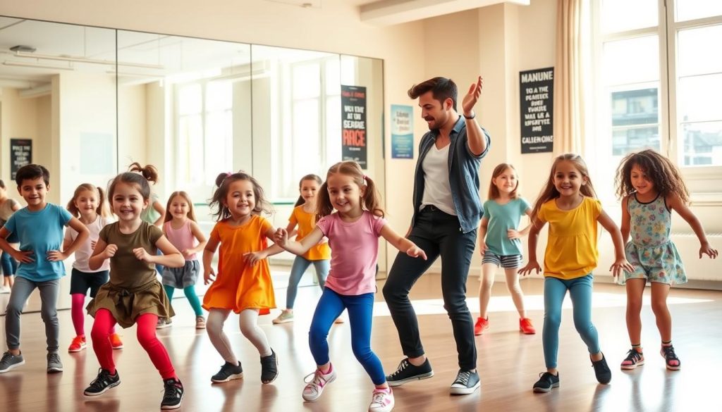 A vibrant, engaging scene of a child-friendly hip-hop dance class set in a bright, sunny studio. In the foreground, a diverse group of enthusiastic children aged 7-10, dressed in comfortable, colorful dance attire, are mid-action, practicing their moves with big smiles. In the middle, an encouraging dance instructor demonstrates a hip-hop step, wearing casual, stylish clothing. The background features large mirrors reflecting the joyful energy of the class, along with motivational posters on the walls. Natural light pours in through large windows, creating a warm, inviting atmosphere. The overall mood is lively, fun, and inspirational, capturing the excitement of choosing the right dance course for children in France.