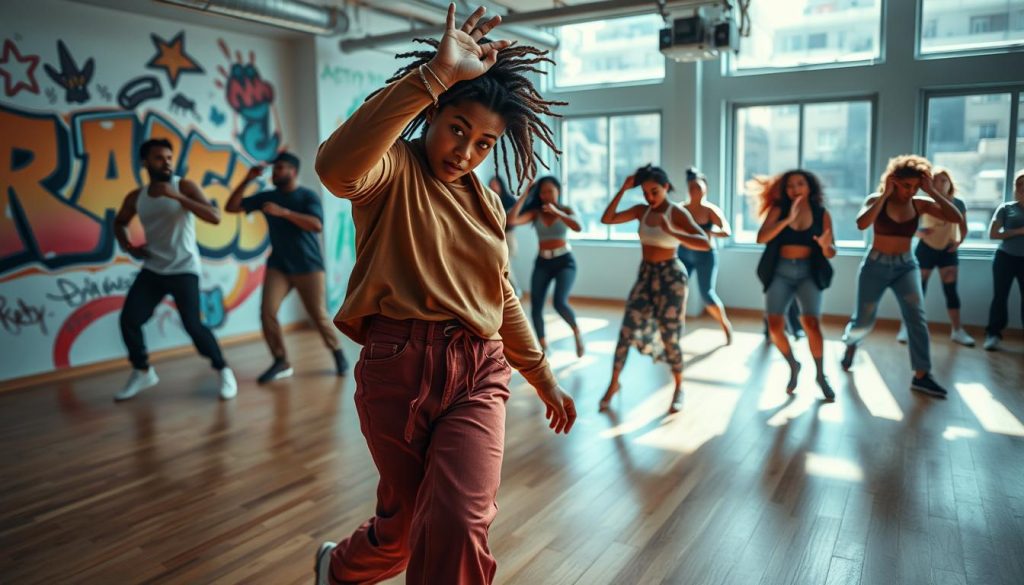 A dynamic scene capturing the essence of hip hop dance, showcasing dancers of diverse backgrounds in a vibrant, urban studio setting. In the foreground, a dancer in stylish, modest streetwear performs a fluid move, embodying rhythm and energy. The middle ground features a group of dancers engaged in a seamless choreography, displaying various styles and expressions, radiating passion for movement. Bright, colorful hip hop graffiti adorns the studio walls, adding to the lively atmosphere. In the background, soft lighting streams through large windows, casting gentle shadows that enhance the motion of the dancers. The composition should convey a sense of joy and creativity, inviting viewers to feel the pulse of the music and the rhythm of the dance.