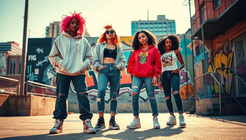A dynamic scene showcasing a diverse group of women embodying hip-hop fashion in an urban setting. In the foreground, two women stand confidently, wearing oversized hoodies, baggy jeans, and stylish sneakers, accessorized with trendy jewelry. Their hairstyles reflect current trends, with bright colors and bold cuts. In the middle ground, a vibrant mural reflects hip-hop culture, with graffiti elements and vivid colors, adding depth to the image. In the background, a cityscape with urban architecture, street art, and a hint of skyline contrasts the lively atmosphere. The lighting is warm, capturing the essence of a sunny day, with soft shadows to enhance the three-dimensional feel. The mood is energetic, creative, and empowering, celebrating the fashion influences of hip-hop culture.