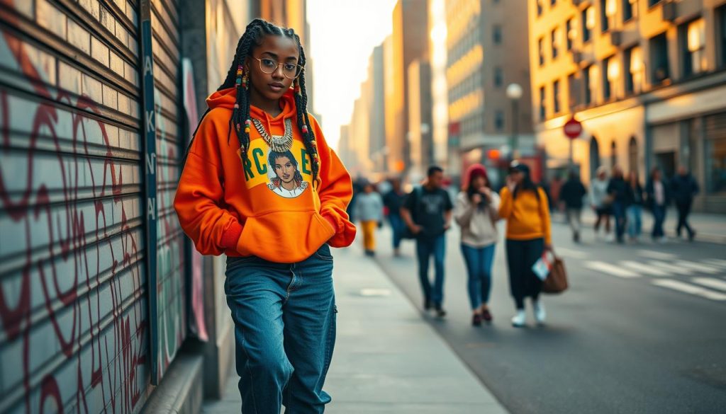 A stylish young woman stands confidently in an urban setting, showcasing her personalized hip-hop look. She wears a vibrant oversized graphic hoodie, baggy tapered jeans, and trendy sneakers, accessorized with bold, chunky jewelry. Her hair is styled in trendy braids adorned with colorful beads. In the foreground, she poses with a playful attitude, perhaps leaning against a graffiti-covered wall. The middle ground features a bustling city street with hints of other fashion-forward individuals, set in the golden hour lighting that casts a warm glow over the scene. The overall atmosphere is lively and expressive, capturing the essence of everyday urban hip-hop fashion with an emphasis on individuality and creativity.