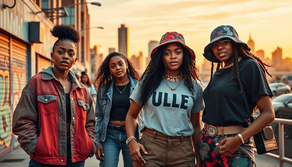 A vibrant 80s-90s hip-hop scene featuring diverse women dressed in iconic streetwear styles. In the foreground, a group of three women exudes confidence; one sports a colorful oversized denim jacket, another wears a baggy graphic tee paired with high-waisted cargo pants, and the third showcases a stylish bucket hat with bold patterns. Their expressions are lively and expressive, reflecting the energy of hip-hop culture. The middle ground captures a city street adorned with graffiti murals and boomboxes, creating an authentic urban vibe. In the background, the skyline of a bustling city glows under a warm sunset, casting golden light that enhances the overall mood. The scene is dynamic, with soft focus on the background for depth, reminiscent of classic hip-hop music videos.