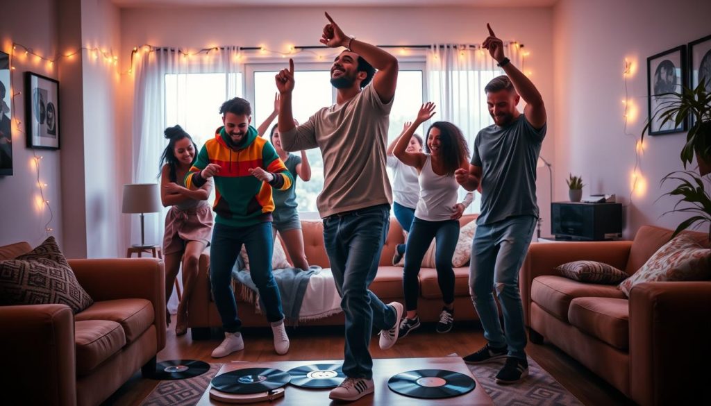 A vibrant home dance scene featuring a diverse group of friends joyfully dancing to hip hop music in a cozy living room. In the foreground, two friends in casual clothes, one wearing a colorful hoodie and the other a stylish t-shirt and jeans, engage in energetic dance moves. The middle ground showcases a plush sofa and a coffee table with vinyl records scattered around, creating an inviting atmosphere. Soft, warm lighting envelops the room, with fairy lights adorning the walls, adding to the festive mood. In the background, a window allows moonlight to stream in, casting gentle shadows that enhance the lively energy. The overall ambiance is celebratory, capturing the essence of dancing at home with friends.