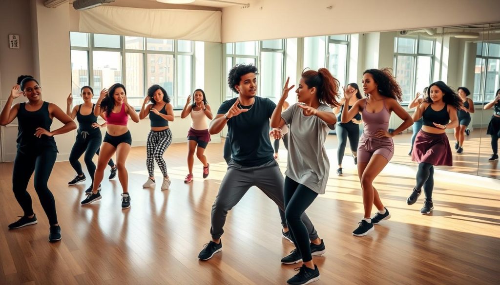 A vibrant hip-hop dance class taking place in an urban studio, filled with energy and movement. In the foreground, a diverse group of dancers, dressed in stylish, modest activewear, showcase dynamic dance poses. The middle ground features a passionate instructor demonstrating a routine, their expressive body language conveying enthusiasm and expertise. The background includes large mirrors reflecting the dancers, creating a sense of depth. Natural light streams through tall windows, casting soft shadows across the polished wooden floor, enhancing the lively atmosphere. Capture the excitement and dedication of hip-hop dance, emphasizing its community and movement, with a focus on both the dancers and the rhythm of the music.
