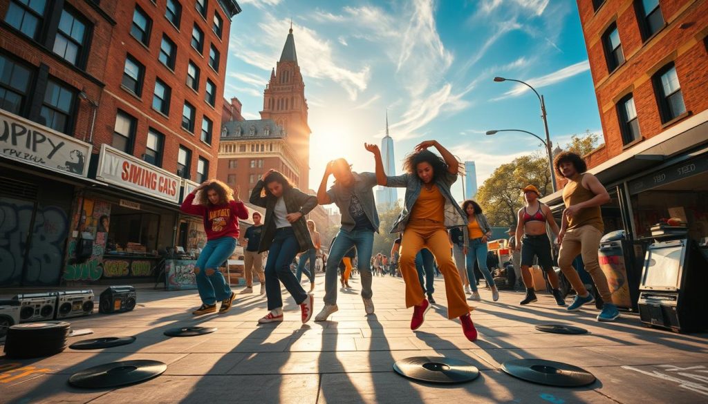A vibrant street scene capturing the essence of 1970s New York hip-hop culture. In the foreground, a diverse group of stylishly dressed dancers, wearing colorful, casual clothing, are showcasing their breakdancing moves on a graffiti-adorned urban sidewalk. The middle ground features iconic New York buildings and street vendors, with boomboxes and vinyl records scattered around, adding to the atmosphere. In the background, the sun casts a warm golden glow, illuminating a blue sky with wispy clouds, while hints of Central Park can be seen in the distance. The scene should evoke a sense of energy and creativity, with dynamic poses and expressive faces that reflect the spirited nature of hip-hop culture during this era. Capture this moment from a slightly elevated angle to give depth, emphasizing both the dancers and the lively street environment.