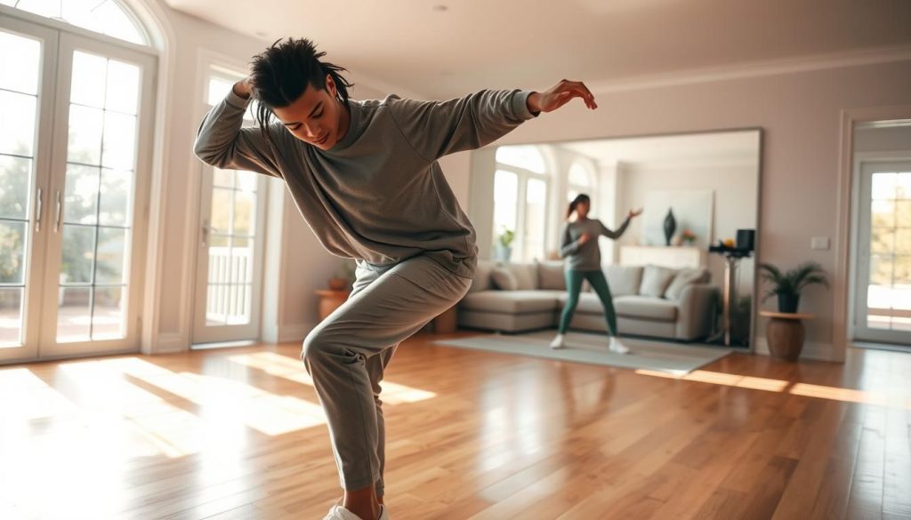 A bright and inviting home interior featuring a young adult practicing hip-hop dance. In the foreground, the dancer, dressed in comfortable, casual attire, shows an energetic pose with a confident expression, emphasizing movement and rhythm. The middle ground showcases a spacious living room with hardwood floors and large windows, allowing natural light to flood the space. In the background, a mirror reflects the dancer, enhancing the sense of practice and progression. Soft, warm lighting creates an uplifting atmosphere that encourages creativity. The angle is slightly elevated, capturing both the dancer and the environment, making it feel dynamic and engaging, perfect for home practice sessions. The overall mood is energetic and inspiring, reflecting the joy of dance. A bright and inviting home interior featuring a young adult practicing hip-hop dance. In the foreground, the dancer, dressed in comfortable, casual attire, shows an energetic pose with a confident expression, emphasizing movement and rhythm. The middle ground showcases a spacious living room with hardwood floors and large windows, allowing natural light to flood the space. In the background, a mirror reflects the dancer, enhancing the sense of practice and progression. Soft, warm lighting creates an uplifting atmosphere that encourages creativity. The angle is slightly elevated, capturing both the dancer and the environment, making it feel dynamic and engaging, perfect for home practice sessions. The overall mood is energetic and inspiring, reflecting the joy of dance.