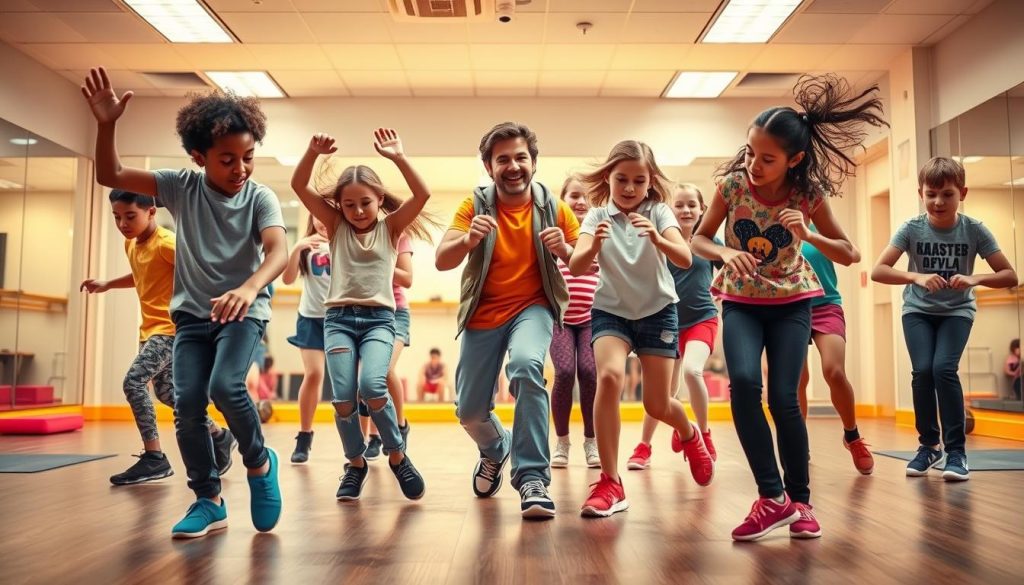 A dynamic hip-hop dance choreography scene featuring a group of children aged 8-12 engaged in vibrant and energetic movements. In the foreground, a diverse group of kids, both boys and girls, are in mid-dance, showcasing various hip-hop poses, wearing colorful casual clothing suitable for dancing. The middle ground captures a cheerful dance instructor, guiding and encouraging the kids with an enthusiastic expression. The background features a bright and inviting studio space with mirrors and dance mats, infused with warm lighting that highlights the joyful atmosphere. The image conveys a sense of teamwork, creativity, and the excitement of learning new dance skills throughout the year, evoking a lively and playful mood, shot from a slightly low angle to emphasize the action. A dynamic hip-hop dance choreography scene featuring a group of children aged 8-12 engaged in vibrant and energetic movements. In the foreground, a diverse group of kids, both boys and girls, are in mid-dance, showcasing various hip-hop poses, wearing colorful casual clothing suitable for dancing. The middle ground captures a cheerful dance instructor, guiding and encouraging the kids with an enthusiastic expression. The background features a bright and inviting studio space with mirrors and dance mats, infused with warm lighting that highlights the joyful atmosphere. The image conveys a sense of teamwork, creativity, and the excitement of learning new dance skills throughout the year, evoking a lively and playful mood, shot from a slightly low angle to emphasize the action.