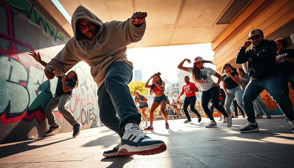 A dynamic hip-hop dance scene featuring a diverse group of dancers showcasing various styles in a vibrant urban environment. In the foreground, a male dancer executing a powerful breakdancing move, wearing a stylish oversized hoodie and sneakers, while a female dancer nearby performs a fluid contemporary hip-hop move in casual athletic wear. The middle ground is filled with dancers practicing different styles, like locking and popping, against a graffiti-covered wall. The background reveals a sunny cityscape with hints of urban life, like bicycles and pedestrians. Bright, colorful lighting creates an energetic atmosphere, highlighting the dancers' movements. The camera angle captures the action from a low perspective, enhancing the feeling of motion and excitement. A dynamic hip-hop dance scene featuring a diverse group of dancers showcasing various styles in a vibrant urban environment. In the foreground, a male dancer executing a powerful breakdancing move, wearing a stylish oversized hoodie and sneakers, while a female dancer nearby performs a fluid contemporary hip-hop move in casual athletic wear. The middle ground is filled with dancers practicing different styles, like locking and popping, against a graffiti-covered wall. The background reveals a sunny cityscape with hints of urban life, like bicycles and pedestrians. Bright, colorful lighting creates an energetic atmosphere, highlighting the dancers' movements. The camera angle captures the action from a low perspective, enhancing the feeling of motion and excitement.