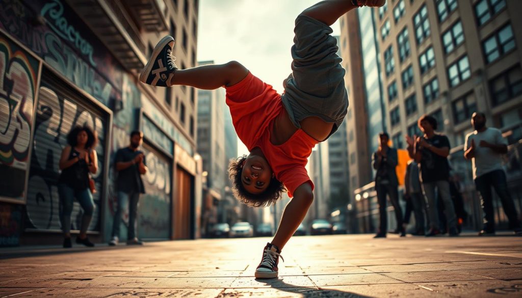 A dynamic scene capturing a breakdancer performing a toprock move, showcasing fluidity and rhythm. The foreground features a dancer dressed in vibrant, casual hip-hop clothing, with their body in motion as they elevate from the ground in an energetic pose. The middle ground depicts an urban environment, with graffiti art and a city backdrop that reflects the culture of hip-hop. Soft, warm lighting illuminates the dancer, emphasizing their athletic physique and the intricate footwork. The background includes silhouettes of onlookers, clapping and enjoying the performance, adding to the lively atmosphere. The image should evoke excitement and the spirit of creativity in street dance, framed from a slightly low angle for an empowering perspective. A dynamic scene capturing a breakdancer performing a toprock move, showcasing fluidity and rhythm. The foreground features a dancer dressed in vibrant, casual hip-hop clothing, with their body in motion as they elevate from the ground in an energetic pose. The middle ground depicts an urban environment, with graffiti art and a city backdrop that reflects the culture of hip-hop. Soft, warm lighting illuminates the dancer, emphasizing their athletic physique and the intricate footwork. The background includes silhouettes of onlookers, clapping and enjoying the performance, adding to the lively atmosphere. The image should evoke excitement and the spirit of creativity in street dance, framed from a slightly low angle for an empowering perspective.