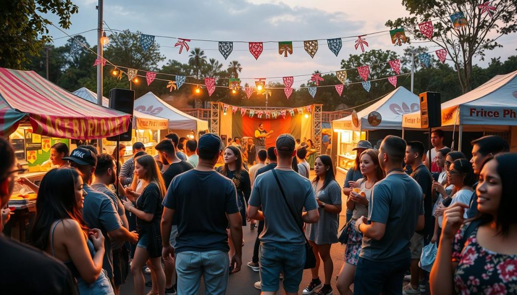 A lively budget festival scene capturing the essence of a hip-hop event focused on managing expenses. In the foreground, a diverse group of attendees, dressed in modest casual clothing, enjoy the music and festivities. They are engaged in activities like dancing, chatting, and sharing food, conveying a sense of community. In the middle ground, colorful food stalls and tents offering affordable eats and merchandise, along with a small stage where performers showcase their talent. The background features a vibrant atmosphere with decorations, string lights, and a hint of nature. Soft golden hour lighting adds warmth and a festive glow, emphasizing the joyous mood. The image should be framed at eye level to invite viewers into the scene, showcasing an accessible, fun, and budget-friendly festival experience. A lively budget festival scene capturing the essence of a hip-hop event focused on managing expenses. In the foreground, a diverse group of attendees, dressed in modest casual clothing, enjoy the music and festivities. They are engaged in activities like dancing, chatting, and sharing food, conveying a sense of community. In the middle ground, colorful food stalls and tents offering affordable eats and merchandise, along with a small stage where performers showcase their talent. The background features a vibrant atmosphere with decorations, string lights, and a hint of nature. Soft golden hour lighting adds warmth and a festive glow, emphasizing the joyous mood. The image should be framed at eye level to invite viewers into the scene, showcasing an accessible, fun, and budget-friendly festival experience.