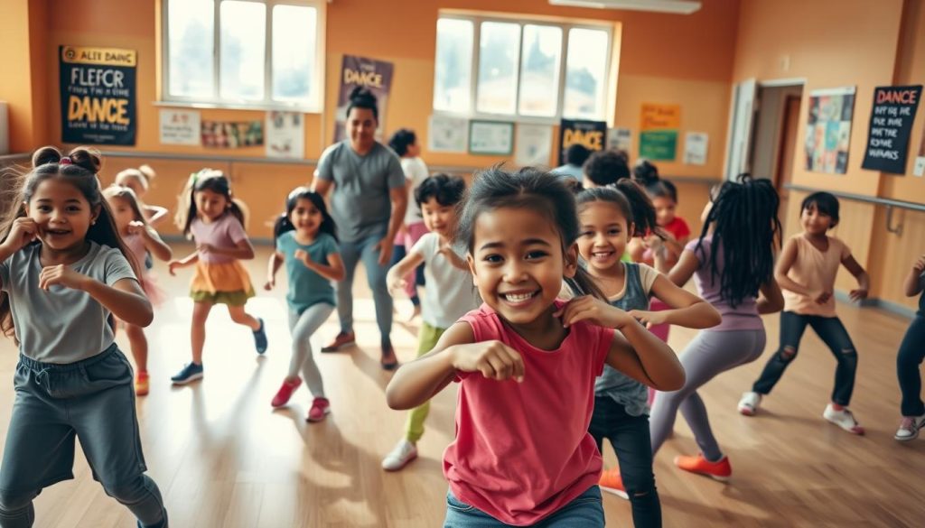 A lively dance studio filled with children energetically practicing hip hop dance moves. In the foreground, a diverse group of kids aged 6 to 12, dressed in colorful, comfortable dance attire, are demonstrating various dance poses with enthusiasm. The middle ground features a dance instructor, a young adult in modest casual clothing, guiding and encouraging the children with a joyful expression. The background displays a large mirror reflecting the vibrant atmosphere, along with motivational posters related to dance. Warm, natural lighting filters in through large windows, enhancing the dynamic mood of creativity and teamwork. The angle captures the action from a slightly elevated perspective, emphasizing the children's expressions and movements as they immerse themselves in the rhythm. A lively dance studio filled with children energetically practicing hip hop dance moves. In the foreground, a diverse group of kids aged 6 to 12, dressed in colorful, comfortable dance attire, are demonstrating various dance poses with enthusiasm. The middle ground features a dance instructor, a young adult in modest casual clothing, guiding and encouraging the children with a joyful expression. The background displays a large mirror reflecting the vibrant atmosphere, along with motivational posters related to dance. Warm, natural lighting filters in through large windows, enhancing the dynamic mood of creativity and teamwork. The angle captures the action from a slightly elevated perspective, emphasizing the children's expressions and movements as they immerse themselves in the rhythm.