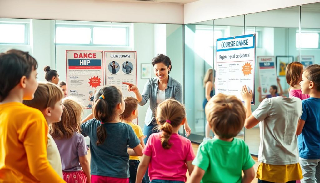 A vibrant and engaging scene illustrating a "Cours de danse" registration for children, featuring a colorful dance studio filled with eager kids in modest, casual clothing. In the foreground, a group of children enthusiastically examining a bulletin board displaying information about hip hop dance classes, their faces filled with excitement. In the middle ground, a friendly dance instructor, dressed in professional attire, interacts with them, pointing at the registration details with a welcoming smile. The background includes large mirrors reflecting the dynamic energy of the studio, light pouring in from windows, creating a bright and inviting atmosphere. The overall mood is joyful, energetic, and encouraging, capturing the essence of children's dancing enthusiasm. Soft, natural lighting enhances the lively colors of the room and the children's expressions. A vibrant and engaging scene illustrating a "Cours de danse" registration for children, featuring a colorful dance studio filled with eager kids in modest, casual clothing. In the foreground, a group of children enthusiastically examining a bulletin board displaying information about hip hop dance classes, their faces filled with excitement. In the middle ground, a friendly dance instructor, dressed in professional attire, interacts with them, pointing at the registration details with a welcoming smile. The background includes large mirrors reflecting the dynamic energy of the studio, light pouring in from windows, creating a bright and inviting atmosphere. The overall mood is joyful, energetic, and encouraging, capturing the essence of children's dancing enthusiasm. Soft, natural lighting enhances the lively colors of the room and the children's expressions.