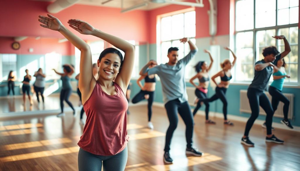 A vibrant dance studio filled with natural light, showcasing a diverse group of individuals warming up for a hip-hop class. In the foreground, a young woman with a confident smile stretches her arms overhead, wearing comfortable, modest athletic wear. Nearby, a young man performs dynamic lunges, illustrating fluid movement. The middle ground features more dancers engaging in various warm-up exercises like leg swings and torso twists, reflecting a sense of camaraderie and focus. In the background, mirrors amplify the vivid colors of the studio, capturing the energy of the group. The atmosphere is encouraging and lively, with soft sunlight filtering through large windows, creating a warm and inviting space ideal for a safe dance preparation. A vibrant dance studio filled with natural light, showcasing a diverse group of individuals warming up for a hip-hop class. In the foreground, a young woman with a confident smile stretches her arms overhead, wearing comfortable, modest athletic wear. Nearby, a young man performs dynamic lunges, illustrating fluid movement. The middle ground features more dancers engaging in various warm-up exercises like leg swings and torso twists, reflecting a sense of camaraderie and focus. In the background, mirrors amplify the vivid colors of the studio, capturing the energy of the group. The atmosphere is encouraging and lively, with soft sunlight filtering through large windows, creating a warm and inviting space ideal for a safe dance preparation.