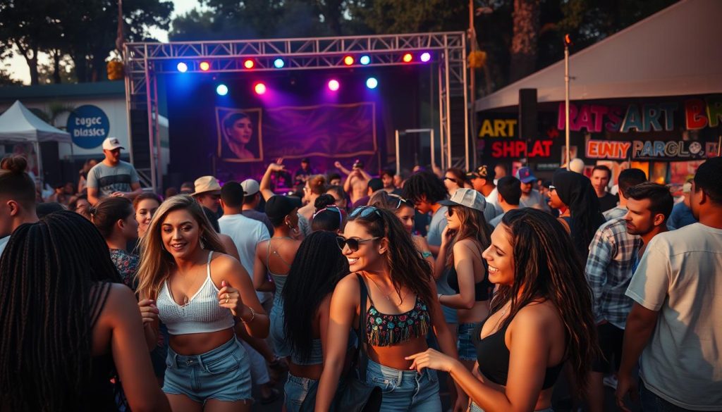 A vibrant outdoor festival scene capturing the essence of hip hop culture. In the foreground, a diverse group of attendees dressed in stylish casual outfits dances energetically, their expressions reflecting joy and excitement. The middle ground features a stage adorned with colorful lights, where a DJ mixes music, surrounded by energetic performers engaging the crowd. In the background, festival stalls are filled with art and merchandise, contributing to the lively atmosphere. The scene is bathed in warm, golden hour light, casting long shadows and creating a sense of intimacy. The angle is slightly elevated, capturing the dynamic flow of people and the overall ambiance of community and celebration, encapsulating the festival spirit. A vibrant outdoor festival scene capturing the essence of hip hop culture. In the foreground, a diverse group of attendees dressed in stylish casual outfits dances energetically, their expressions reflecting joy and excitement. The middle ground features a stage adorned with colorful lights, where a DJ mixes music, surrounded by energetic performers engaging the crowd. In the background, festival stalls are filled with art and merchandise, contributing to the lively atmosphere. The scene is bathed in warm, golden hour light, casting long shadows and creating a sense of intimacy. The angle is slightly elevated, capturing the dynamic flow of people and the overall ambiance of community and celebration, encapsulating the festival spirit.