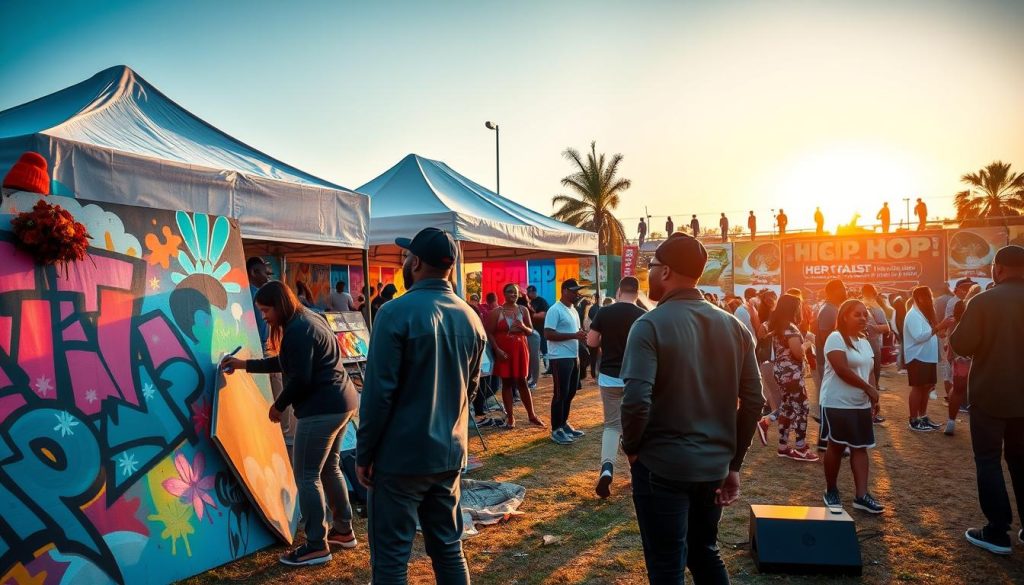 A vibrant outdoor festival scene showcasing a variety of engaging art activities related to hip hop culture. In the foreground, diverse artists of different backgrounds, dressed in professional casual clothing, are actively participating in a spray paint mural creation, with colorful graffiti elements. The middle ground features a tent where attendees are exploring interactive workshops on beat-making and breakdancing, creating a lively atmosphere filled with energy and creativity. In the background, festival-goers are enjoying live performances, with banners and hip hop-themed decorations enhancing the environment. The scene is illuminated by warm, soft lighting as the sun sets, casting a golden glow that evokes a sense of community and celebration. The mood is festive and inclusive, capturing the essence of art experiences beyond just music. A vibrant outdoor festival scene showcasing a variety of engaging art activities related to hip hop culture. In the foreground, diverse artists of different backgrounds, dressed in professional casual clothing, are actively participating in a spray paint mural creation, with colorful graffiti elements. The middle ground features a tent where attendees are exploring interactive workshops on beat-making and breakdancing, creating a lively atmosphere filled with energy and creativity. In the background, festival-goers are enjoying live performances, with banners and hip hop-themed decorations enhancing the environment. The scene is illuminated by warm, soft lighting as the sun sets, casting a golden glow that evokes a sense of community and celebration. The mood is festive and inclusive, capturing the essence of art experiences beyond just music.