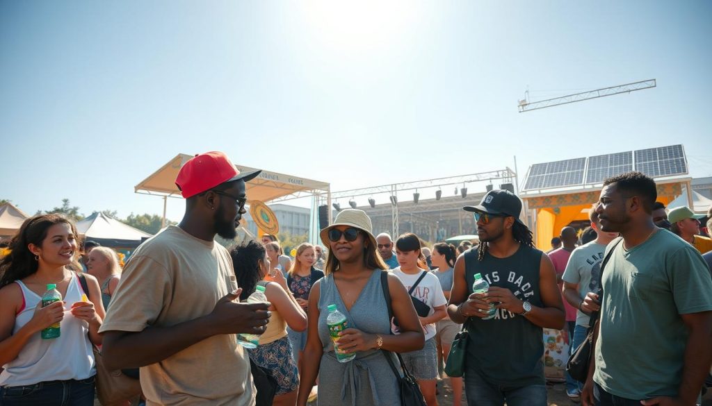 A vibrant outdoor hip-hop festival scene emphasizing sustainability and ethics. In the foreground, diverse attendees of various ages and ethnicities, dressed in modest casual clothing, engage in lively discussions while holding reusable water bottles and biodegradable festival items. In the middle ground, eco-friendly food stalls with organic produce and recycled decorations create a welcoming atmosphere. The background features a stage with solar panel lighting, showcasing musicians passionately performing with instruments made from sustainable materials. The sky is a bright blue, illuminated by warm sunlight, creating an uplifting and inspiring mood, inviting viewers to feel the energy and responsibility of a conscientious celebration. The composition should be taken with a wide-angle lens, capturing the bustling environment and the spirit of community, grounded in eco-consciousness. A vibrant outdoor hip-hop festival scene emphasizing sustainability and ethics. In the foreground, diverse attendees of various ages and ethnicities, dressed in modest casual clothing, engage in lively discussions while holding reusable water bottles and biodegradable festival items. In the middle ground, eco-friendly food stalls with organic produce and recycled decorations create a welcoming atmosphere. The background features a stage with solar panel lighting, showcasing musicians passionately performing with instruments made from sustainable materials. The sky is a bright blue, illuminated by warm sunlight, creating an uplifting and inspiring mood, inviting viewers to feel the energy and responsibility of a conscientious celebration. The composition should be taken with a wide-angle lens, capturing the bustling environment and the spirit of community, grounded in eco-consciousness.