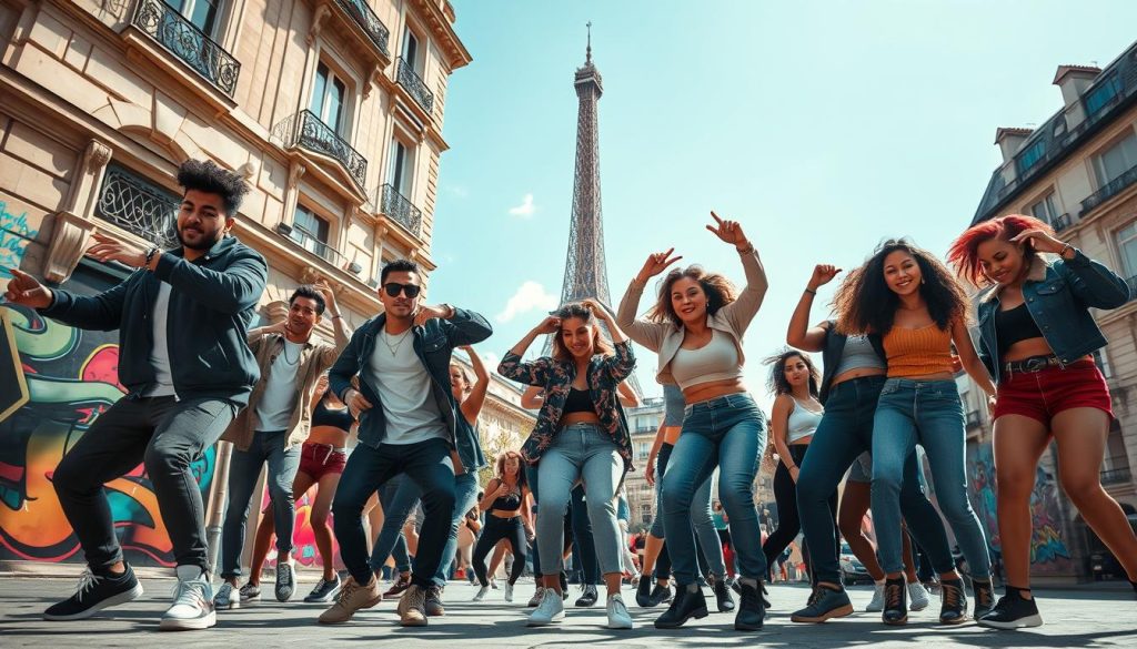 A vibrant street scene in Paris showcasing a diverse group of hip-hop dancers in action. In the foreground, a mix of young men and women, dressed in stylish urban clothing, executing dynamic dance moves with passion and energy. Their expressions reflect determination and joy. The middle ground features a historic Parisian building with classic architecture, while lively street art decorates nearby walls, adding color and depth. The background captures the essence of Paris, with hints of the Eiffel Tower peeking through the cityscape under a bright blue sky. The lighting is warm and inviting, highlighting the dancers in soft sunlight, creating an uplifting and inspiring atmosphere. Shot from a low angle to emphasize the dancers and their movement. A vibrant street scene in Paris showcasing a diverse group of hip-hop dancers in action. In the foreground, a mix of young men and women, dressed in stylish urban clothing, executing dynamic dance moves with passion and energy. Their expressions reflect determination and joy. The middle ground features a historic Parisian building with classic architecture, while lively street art decorates nearby walls, adding color and depth. The background captures the essence of Paris, with hints of the Eiffel Tower peeking through the cityscape under a bright blue sky. The lighting is warm and inviting, highlighting the dancers in soft sunlight, creating an uplifting and inspiring atmosphere. Shot from a low angle to emphasize the dancers and their movement.