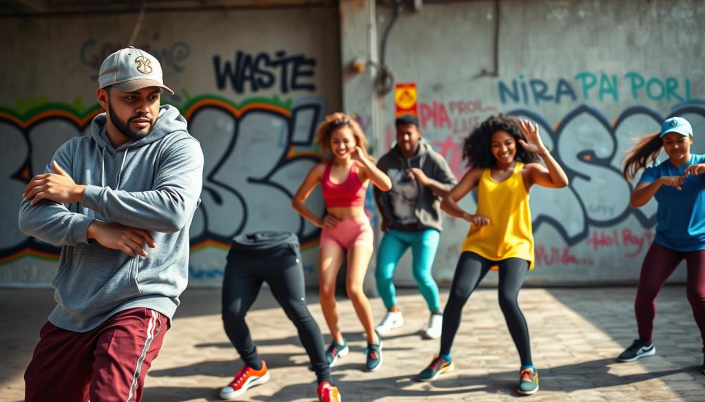 A vibrant urban setting featuring a group of diverse dancers engaged in a hip-hop choreography practice. In the foreground, two male dancers, one with a baseball cap and the other with a hoodie, are demonstrating a step, showcasing their energy and enthusiasm. The middle ground includes four additional dancers of varying backgrounds, all wearing casual, colorful athletic outfits, practicing their moves in unison, emphasizing collaboration and rhythm. The background shows a graffiti-covered wall, adding an urban feel. The scene is illuminated by natural daylight filtering through, enhancing the lively mood of the practice session. The angle captures the dynamics of movement, ensuring the focus is on teamwork and the joy of learning hip-hop dance. A vibrant urban setting featuring a group of diverse dancers engaged in a hip-hop choreography practice. In the foreground, two male dancers, one with a baseball cap and the other with a hoodie, are demonstrating a step, showcasing their energy and enthusiasm. The middle ground includes four additional dancers of varying backgrounds, all wearing casual, colorful athletic outfits, practicing their moves in unison, emphasizing collaboration and rhythm. The background shows a graffiti-covered wall, adding an urban feel. The scene is illuminated by natural daylight filtering through, enhancing the lively mood of the practice session. The angle captures the dynamics of movement, ensuring the focus is on teamwork and the joy of learning hip-hop dance.