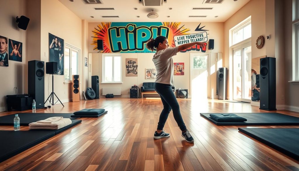 A bright, spacious home dance studio tailored for hip-hop practice. In the foreground, a polished wood floor with large, cushioned mats for safety, surrounded by neatly arranged props like water bottles and towels. The middle features a large mirror reflecting the room's lively atmosphere, with vibrant wall art celebrating hip-hop culture and inspiration. In the background, a sound system plays uplifting beats, enhancing the energetic vibe. Natural light streams in through large windows, creating a warm, inviting environment. The overall mood is motivational and safe, ideal for home practice. The image includes a person in casual, comfortable clothing demonstrating a hip-hop dance move, focusing on form and safety. A bright, spacious home dance studio tailored for hip-hop practice. In the foreground, a polished wood floor with large, cushioned mats for safety, surrounded by neatly arranged props like water bottles and towels. The middle features a large mirror reflecting the room's lively atmosphere, with vibrant wall art celebrating hip-hop culture and inspiration. In the background, a sound system plays uplifting beats, enhancing the energetic vibe. Natural light streams in through large windows, creating a warm, inviting environment. The overall mood is motivational and safe, ideal for home practice. The image includes a person in casual, comfortable clothing demonstrating a hip-hop dance move, focusing on form and safety.