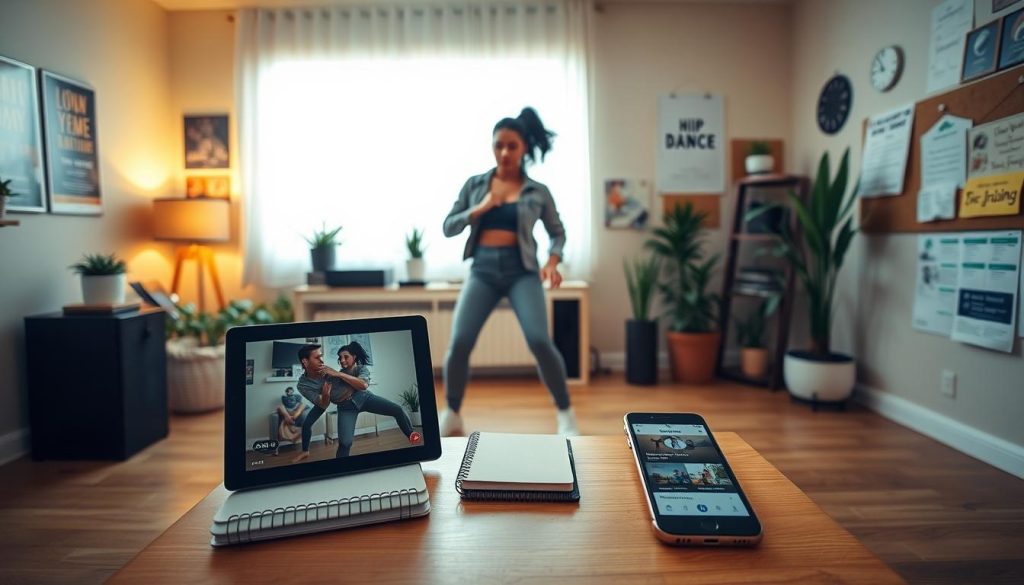 A cozy, well-lit home studio environment designed for hip hop dance practice. In the foreground, there is a large mirror reflecting a focused person wearing comfortable, modest workout attire, demonstrating a dance move. In the middle ground, organized materials such as notebooks, a tablet displaying a tutorial video, and a smartphone with a dance training app are neatly arranged on a small table. The background features motivational posters on the walls, a corkboard with a structured training plan, and a few potted plants adding a fresh touch. Soft, warm lighting enhances the inviting atmosphere, while a wide-angle view captures the entire space, encouraging a sense of creativity and motivation for learning. A cozy, well-lit home studio environment designed for hip hop dance practice. In the foreground, there is a large mirror reflecting a focused person wearing comfortable, modest workout attire, demonstrating a dance move. In the middle ground, organized materials such as notebooks, a tablet displaying a tutorial video, and a smartphone with a dance training app are neatly arranged on a small table. The background features motivational posters on the walls, a corkboard with a structured training plan, and a few potted plants adding a fresh touch. Soft, warm lighting enhances the inviting atmosphere, while a wide-angle view captures the entire space, encouraging a sense of creativity and motivation for learning.