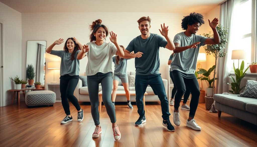 A dynamic and energetic scene showcasing a diverse group of individuals practicing hip-hop dance in a comfortable home environment. In the foreground, two dancers—a young woman in a stylish yet modest casual outfit and a young man dressed in comfortable athletic wear—are demonstrating fundamental hip-hop moves. Their expressions convey focus and enjoyment. The middle ground features a well-lit living room, with a spacious area for dancing, hardwood floors, and mirrors reflecting their movements. The background includes cozy home elements like a decorative couch, potted plants, and soft, warm lighting from a nearby window, creating an inviting atmosphere. The overall mood is uplifting and encouraging, emphasizing the joy of learning hip-hop safely at home. A dynamic and energetic scene showcasing a diverse group of individuals practicing hip-hop dance in a comfortable home environment. In the foreground, two dancers—a young woman in a stylish yet modest casual outfit and a young man dressed in comfortable athletic wear—are demonstrating fundamental hip-hop moves. Their expressions convey focus and enjoyment. The middle ground features a well-lit living room, with a spacious area for dancing, hardwood floors, and mirrors reflecting their movements. The background includes cozy home elements like a decorative couch, potted plants, and soft, warm lighting from a nearby window, creating an inviting atmosphere. The overall mood is uplifting and encouraging, emphasizing the joy of learning hip-hop safely at home.