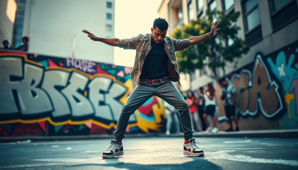 A dynamic freeze dancer performing an impressive freeze move on a vibrant urban street. The foreground features the dancer in a stylish, modest casual outfit, showcasing a perfect posture with arms and legs extended, highlighting the strength and balance of the pose. In the middle ground, a colorful graffiti wall bursts with energy, reflecting hip hop culture. The background includes blurred silhouettes of cheering peers, creating a supportive atmosphere. Warm afternoon sunlight casts soft shadows, enhancing the depth of the scene. The angle captures the dancer from slightly below, emphasizing their athleticism and creativity in the context of hip hop dance. The mood is lively, energetic, and inspiring, inviting viewers to engage with the art of freeze dancing.