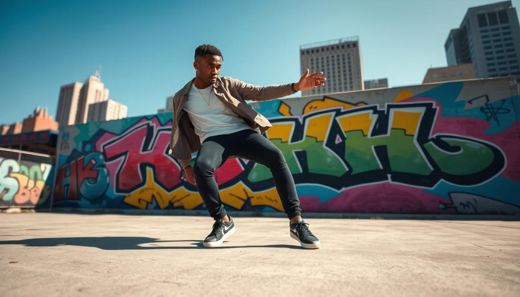 A dynamic hip hop dancer performing a foundational floor figure in a vibrant urban setting. In the foreground, the dancer is captured mid-move, demonstrating an accessible figure with fluidity and grace, wearing stylish yet modest casual clothing. The middle ground features a colorful graffiti wall that symbolizes hip hop culture, adding an energetic backdrop. In the background, outlines of city buildings and a clear blue sky create an urban atmosphere. The lighting is bright, emphasizing the dancer's movements and casting soft shadows. The image is framed from a low angle, enhancing the sense of action and engagement, while conveying the passion and creativity associated with hip hop dance.