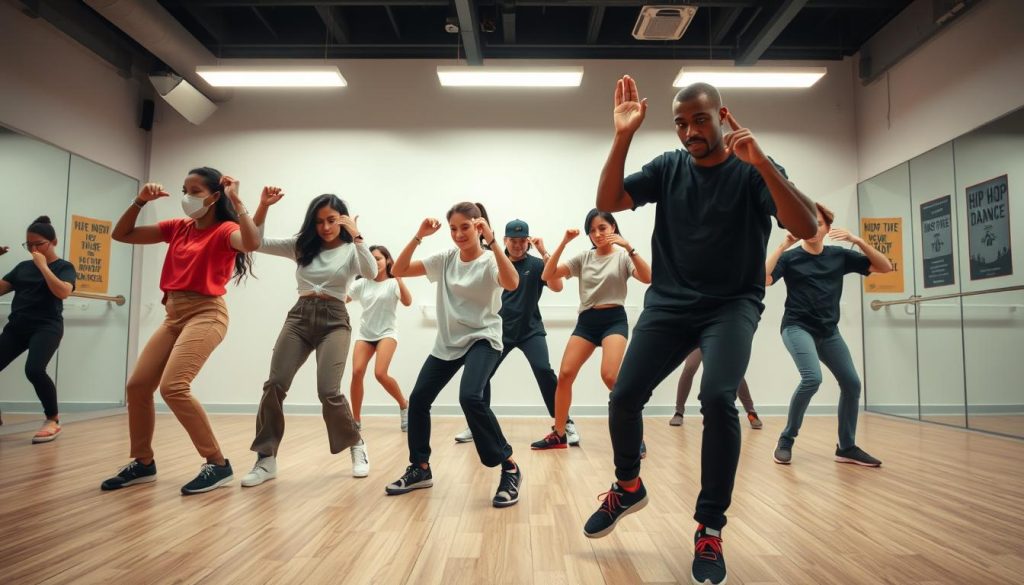 A dynamic scene of hip hop dancers demonstrating various simple dance moves, capturing the essence of progression in practice. In the foreground, a diverse group of dancers in stylish yet modest casual clothing showcases energetic movements, highlighting key steps. The middle ground features an open dance studio with mirrored walls, allowing for reflection and focus, while a soft light from overhead illuminates the entire space, creating a vibrant atmosphere. In the background, motivational posters related to hip hop dance and progression times add context without distraction. The angle of the shot is slightly elevated, giving depth to the scene, while the mood is uplifting and encouraging, inspiring viewers to engage with the art of hip hop dance.