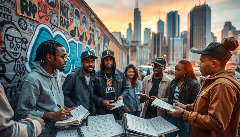 A dynamic urban scene capturing the essence of rap music and its lyrical nature. In the foreground, a diverse group of young adults, dressed in stylish but modest streetwear, are engaged in a vibrant discussion, surrounded by notebooks filled with handwritten rap lyrics. The middle ground features a graffiti-covered brick wall showcasing iconic rap motifs and symbols, alongside abstract representations of sound waves and rhythm. The background reveals a bustling cityscape, with blurred silhouettes of skyscrapers under a sunset sky, casting an orange hue that adds warmth to the scene. Soft, ambient lighting highlights the energy and passion of the moment. Focused using a wide-angle lens to create depth, conveying a lively and creative atmosphere that reflects the oral tradition intertwined with written expression in rap.