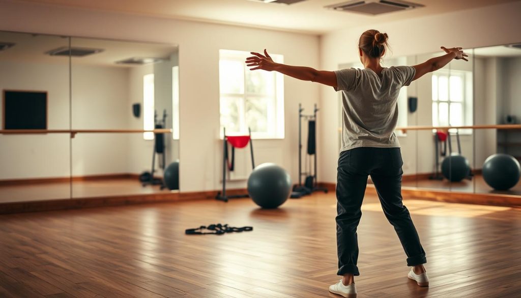 A serene indoor space designed for hip hop dance practice, featuring a well-lit wooden floor and large mirrors reflecting a dynamic and energetic atmosphere. In the foreground, a person dressed in comfortable, modest casual clothing is demonstrating a safe and effective hip hop dance posture that emphasizes proper back alignment. Their arms are extended, showcasing balance and strength, while their knees are slightly bent. In the middle ground, fitness equipment like resistance bands and stability balls hint at reinforcement exercises, promoting injury prevention. Soft, natural light filters in from a window, casting gentle shadows. The overall mood is encouraging and focused, inspiring dancers to protect their bodies while enjoying their craft. A serene indoor space designed for hip hop dance practice, featuring a well-lit wooden floor and large mirrors reflecting a dynamic and energetic atmosphere. In the foreground, a person dressed in comfortable, modest casual clothing is demonstrating a safe and effective hip hop dance posture that emphasizes proper back alignment. Their arms are extended, showcasing balance and strength, while their knees are slightly bent. In the middle ground, fitness equipment like resistance bands and stability balls hint at reinforcement exercises, promoting injury prevention. Soft, natural light filters in from a window, casting gentle shadows. The overall mood is encouraging and focused, inspiring dancers to protect their bodies while enjoying their craft.