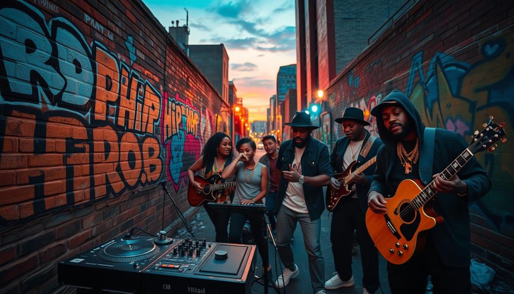 A vibrant cityscape at dusk serves as the background, with graffiti art showcasing various musical genres like rap, hip hop, jazz, and R&B on weathered brick walls. In the foreground, a diverse group of musicians dressed in stylish urban attire passionately play instruments like a turntable, a microphone, and a guitar, capturing the essence of hybridized music. The lighting is dynamic, with colorful neon lights illuminating the scene while creating a moody atmosphere. Soft lens flares add depth, highlighting the energy and connection between the artists, symbolizing the fluidity and cultural fusion within rap and hip hop. The overall mood is lively, creative, and reflective of a thriving musical community.