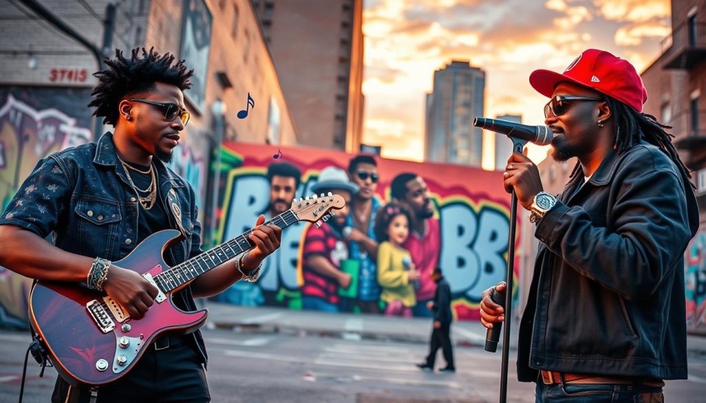 A vibrant street scene blending elements of hip hop and R&B culture. In the foreground, two diverse musicians collaborate, one playing a guitar and the other with a microphone, both dressed in stylish urban attire. Their expressions embody creativity and passion, surrounded by musical notes emanating from their instruments. In the middle ground, a colorful mural depicting iconic artists from both genres brings life and context to the scene. The background showcases an urban landscape with graffiti art and city buildings under a sunset sky, casting warm tones and shadows that enhance the mood. The overall atmosphere is dynamic and inspiring, representing the intersection of these musical genres with an energetic and harmonious vibe. Soft lighting highlights the musicians while ensuring the details of both their attire and the mural are crisp and engaging for the viewer. A vibrant street scene blending elements of hip hop and R&B culture. In the foreground, two diverse musicians collaborate, one playing a guitar and the other with a microphone, both dressed in stylish urban attire. Their expressions embody creativity and passion, surrounded by musical notes emanating from their instruments. In the middle ground, a colorful mural depicting iconic artists from both genres brings life and context to the scene. The background showcases an urban landscape with graffiti art and city buildings under a sunset sky, casting warm tones and shadows that enhance the mood. The overall atmosphere is dynamic and inspiring, representing the intersection of these musical genres with an energetic and harmonious vibe. Soft lighting highlights the musicians while ensuring the details of both their attire and the mural are crisp and engaging for the viewer.