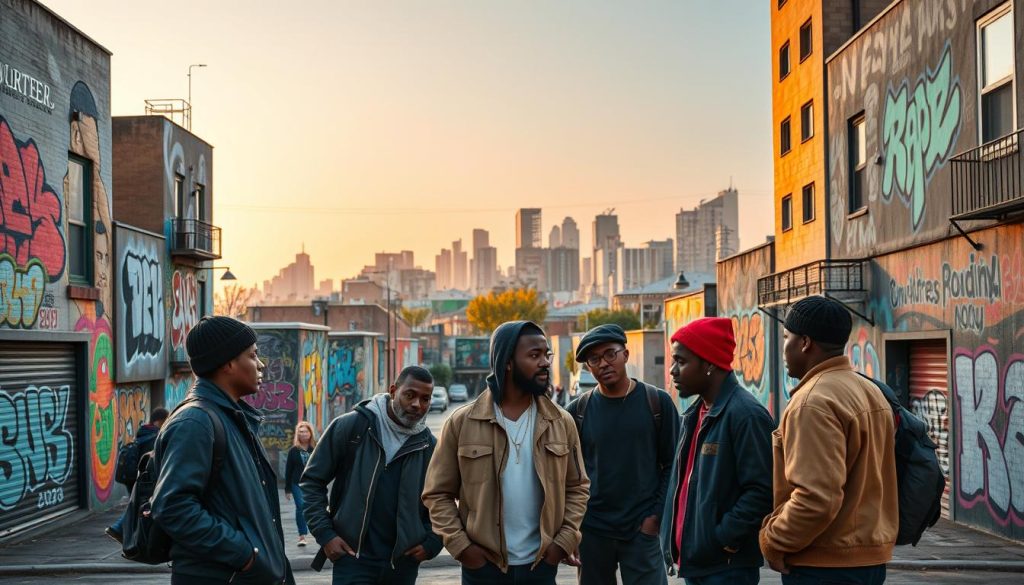 A vibrant urban landscape showcasing diverse "quartiers," with street art murals depicting the essence of rap and hip-hop culture. In the foreground, a group of young musicians in modest, stylish clothing are gathered, passionately discussing their craft. The middle layer features bustling streets lined with unique architecture, blending modern and traditional elements, adorned with colorful graffiti. In the background, a skyline of city buildings under a sunset hue casts a golden light, creating a warm atmosphere. The scene should convey a sense of community, creativity, and the dynamic nature of territory in hip-hop culture. Capture this image from a slightly elevated angle to encompass both the musicians and the lively urban environment around them.