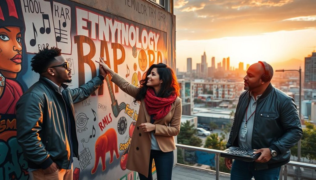 A vibrant urban scene depicting the etymology of "rap," showcasing a diverse group of musicians and scholars engaged in discussion. In the foreground, a diverse trio: a Black male rapper in a stylish jacket, a South Asian female linguist in professional attire, and a Hispanic male DJ with headphones, all animatedly pointing at a large, artistic graffiti wall that illustrates the roots and evolution of rap music through visuals of musical notes and cultural icons. The middle ground features an urban landscape filled with colorful street art and a modern city skyline. The background should have a warm sunset casting soft light over the scene, creating a lively and inspiring atmosphere, captured with a wide-angle lens for depth.