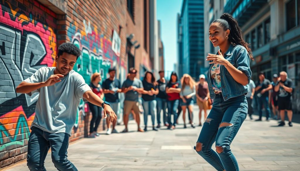 A vibrant urban setting featuring two dancers performing the Two-Step and Toprock dance moves. In the foreground, a young man in stylish, modest casual clothing confidently showcases the Two-Step, while a young woman nearby demonstrates Toprock, both with energetic expressions. The dancers are surrounded by colorful graffiti art on a brick wall that enhances the hip hop vibe. In the middle, a crowd of onlookers is captivated by the performance, showcasing a mix of ages and ethnicities, all dressed in casual attire. The background includes a sunny city street with blurred figures, creating a lively atmosphere. Use bright, natural lighting casting dynamic shadows, and a slightly wide-angle lens to capture the movement. Feel the excitement and energy of hip hop culture, emphasizing community and creativity.