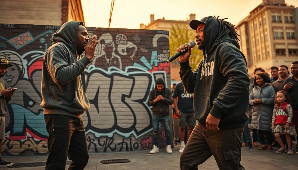 A dynamic scene portraying the essence of French rap culture, featuring a diverse group of artists in a modern urban setting. In the foreground, two male rappers, one of North African descent and the other of sub-Saharan African descent, passionately exchanging verses, both dressed in stylish streetwear—hoodies and sneakers. The middle ground showcases vibrant graffiti art on a brick wall, depicting iconic symbols of French hip hop, while a crowd of enthusiastic fans, diverse in ethnicity, enjoys the performance. In the background, a sunset casts a golden hue over the city skyline, creating a warm and inviting atmosphere. The composition should capture the energy and rivalry intertwined with homage and reinvention in the genre. Use dramatic lighting to highlight the artists, shot at a low angle to emphasize their presence and creativity. The mood is electric and celebratory, encapsulating the spirit of rap français.