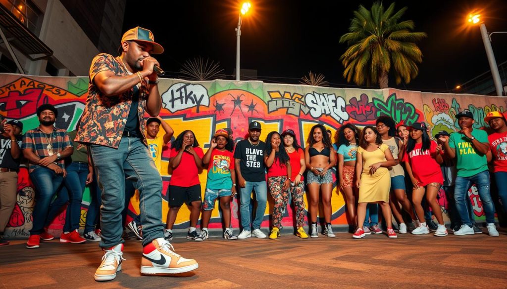 A vibrant and dynamic scene illustrating the essence of Latino hip hop. In the foreground, a skilled rapper passionately performing, dressed in stylish urban attire with a baseball cap and sneakers, exuding confidence and energy. The middle ground features a lively group of diverse fans wearing colorful streetwear, dancing and enjoying the music, their expressions filled with joy and excitement. In the background, a graffiti-covered wall showcases iconic symbols of hip hop culture, blending vivid colors of red, yellow, and green. The scene is illuminated by urban streetlights casting a warm glow, creating a lively nighttime atmosphere. Capture this moment from a slightly low angle to emphasize the rapper’s performance and the vibrant crowd, conveying a sense of unity and celebration of Latino culture in hip hop. A vibrant and dynamic scene illustrating the essence of Latino hip hop. In the foreground, a skilled rapper passionately performing, dressed in stylish urban attire with a baseball cap and sneakers, exuding confidence and energy. The middle ground features a lively group of diverse fans wearing colorful streetwear, dancing and enjoying the music, their expressions filled with joy and excitement. In the background, a graffiti-covered wall showcases iconic symbols of hip hop culture, blending vivid colors of red, yellow, and green. The scene is illuminated by urban streetlights casting a warm glow, creating a lively nighttime atmosphere. Capture this moment from a slightly low angle to emphasize the rapper’s performance and the vibrant crowd, conveying a sense of unity and celebration of Latino culture in hip hop.