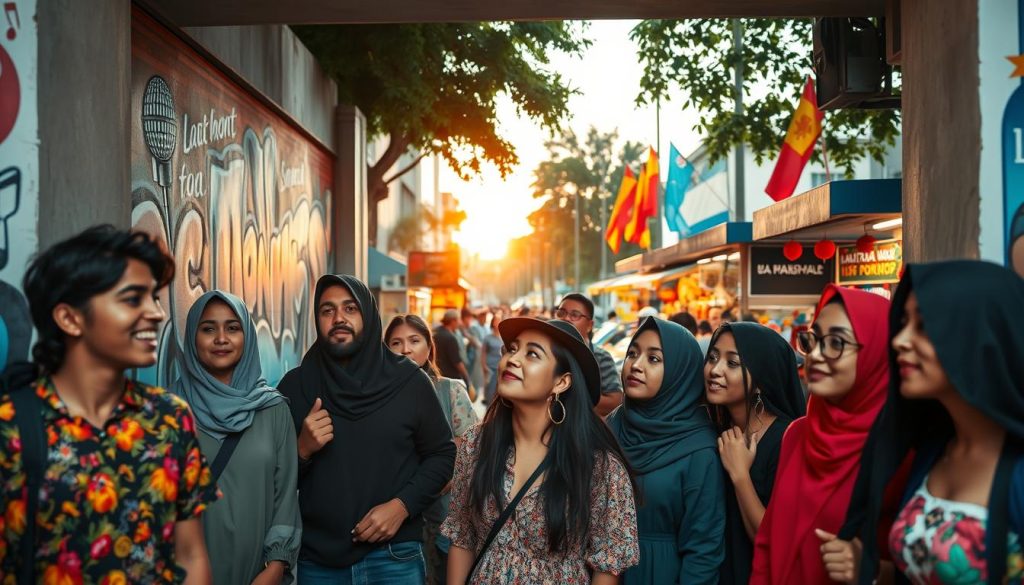 A vibrant entryway scene reflecting the essence of Latin American hip hop culture. In the foreground, a diverse group of young adults dressed in stylish, modest streetwear, with enthusiastic expressions as they listen to music, some nodding their heads. The middle ground features a colorful graffiti wall adorned with icons from Latin hip hop, such as microphones and musical notes. In the background, lively street vendors display traditional foods and art, with bright flags fluttering in the breeze. The setting sun casts a warm glow, enhancing the inviting atmosphere. Capture this moment with a slightly elevated angle, using soft focus on the background to emphasize the subjects in the foreground, creating a sense of community and celebration around Latin American hip hop. A vibrant entryway scene reflecting the essence of Latin American hip hop culture. In the foreground, a diverse group of young adults dressed in stylish, modest streetwear, with enthusiastic expressions as they listen to music, some nodding their heads. The middle ground features a colorful graffiti wall adorned with icons from Latin hip hop, such as microphones and musical notes. In the background, lively street vendors display traditional foods and art, with bright flags fluttering in the breeze. The setting sun casts a warm glow, enhancing the inviting atmosphere. Capture this moment with a slightly elevated angle, using soft focus on the background to emphasize the subjects in the foreground, creating a sense of community and celebration around Latin American hip hop.