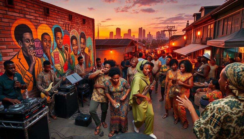 A vibrant scene capturing the essence of Lagos as the heart of the afrobeat trap movement. In the foreground, a diverse group of musicians and dancers in stylish, modest casual clothing are energetically performing with traditional African instruments blended with modern setups like turntables and electronic gear. In the middle ground, colorful murals of famous afrobeat artists adorn weathered brick walls, while people are seen interacting in a lively street market filled with textiles and food stalls. The background features a silhouette of Lagos' skyline at sunset, with warm hues of orange and purple casting dramatic shadows. The atmosphere is festive and energetic, embodying a fusion of African culture and contemporary hip-hop lifestyle. The scene is illuminated by soft, ambient lighting, emphasizing the dynamic movement and expressions of joy.