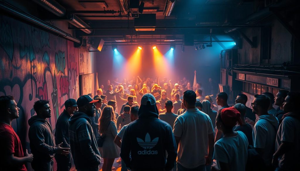 A vibrant scene depicting the evolution of the underground hip hop scene in France, showcasing a dynamic urban landscape. In the foreground, a group of diverse artists in modest casual clothing engage in lively discussions, surrounded by graffiti art symbolizing their creative expression. The middle layer features a crowded underground venue with dim, ambient lighting, where musicians perform passionately, creating an energetic atmosphere. In the background, silhouettes of iconic Parisian landmarks hint at the city's influence on the culture. The lighting is a mix of warm hues and cool shadows to evoke a sense of mystery and depth, creating a feeling of nostalgia and hope. The angle captures the raw energy of the underground scene, with a focus on community and artistic growth. A vibrant scene depicting the evolution of the underground hip hop scene in France, showcasing a dynamic urban landscape. In the foreground, a group of diverse artists in modest casual clothing engage in lively discussions, surrounded by graffiti art symbolizing their creative expression. The middle layer features a crowded underground venue with dim, ambient lighting, where musicians perform passionately, creating an energetic atmosphere. In the background, silhouettes of iconic Parisian landmarks hint at the city's influence on the culture. The lighting is a mix of warm hues and cool shadows to evoke a sense of mystery and depth, creating a feeling of nostalgia and hope. The angle captures the raw energy of the underground scene, with a focus on community and artistic growth.