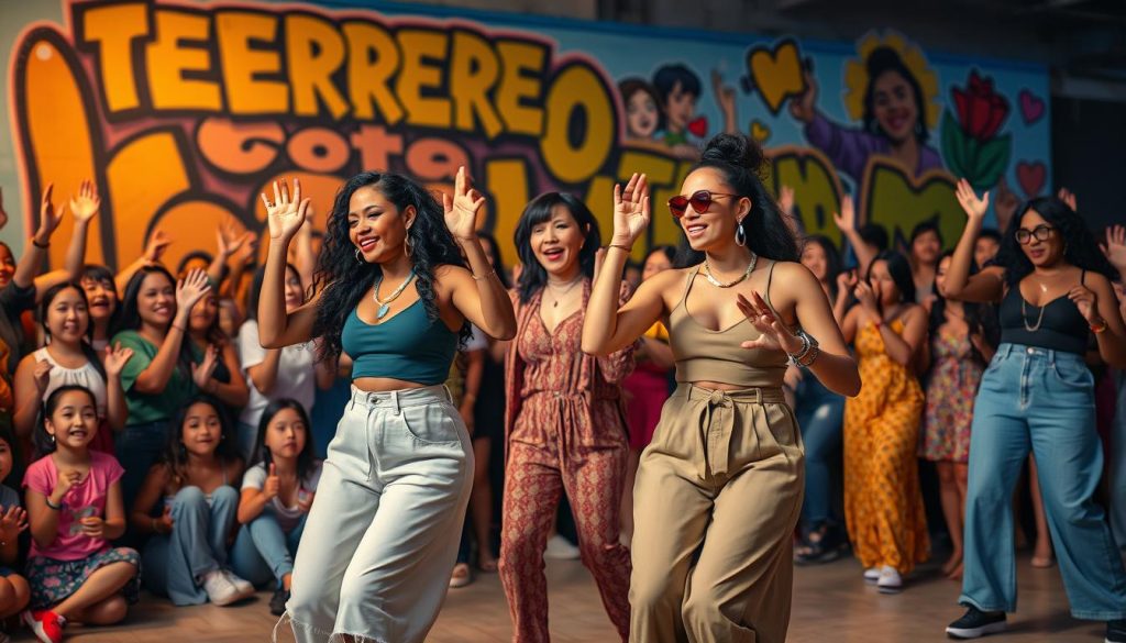 A vibrant scene showcasing a diverse group of women performers engaging in a celebration of "perreo seguro," capturing the essence of a Latin hip-hop atmosphere. In the foreground, three female dancers in stylish, modest streetwear, adorned with colorful accessories, showcase dynamic dance moves, exuding confidence and energy. The middle ground features an audience of all ages, displaying excitement and engagement, with hands raised and smiles, creating a communal spirit. In the background, a colorful mural reflects elements of urban culture and feminism, with warm, inviting lighting that captures the joy of the moment. The overall mood is uplifting and empowering, emphasizing the collective strength and creativity of women in the Latin hip-hop scene. The composition should use a slightly angled perspective to enhance depth and energy. A vibrant scene showcasing a diverse group of women performers engaging in a celebration of "perreo seguro," capturing the essence of a Latin hip-hop atmosphere. In the foreground, three female dancers in stylish, modest streetwear, adorned with colorful accessories, showcase dynamic dance moves, exuding confidence and energy. The middle ground features an audience of all ages, displaying excitement and engagement, with hands raised and smiles, creating a communal spirit. In the background, a colorful mural reflects elements of urban culture and feminism, with warm, inviting lighting that captures the joy of the moment. The overall mood is uplifting and empowering, emphasizing the collective strength and creativity of women in the Latin hip-hop scene. The composition should use a slightly angled perspective to enhance depth and energy.