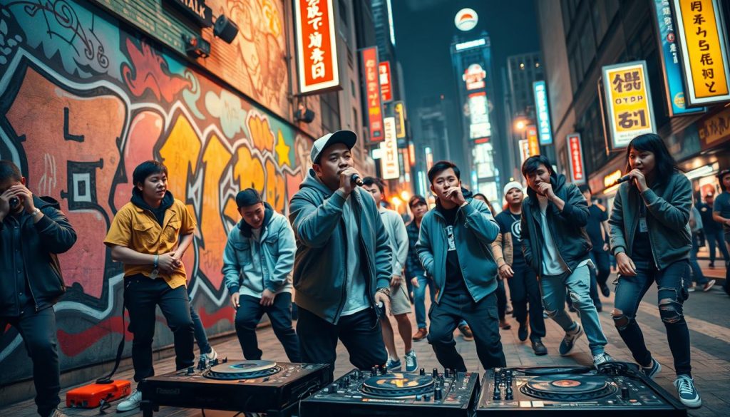 A vibrant street scene depicting the fusion of Asian rap culture and American hip hop influence. In the foreground, a group of diverse young artists in stylish, modern streetwear, engaged in a lively performance with microphones and turntables, radiating energy and passion. The middle layer features colorful graffiti art on urban walls, showcasing iconic hip hop symbols and Asian motifs, creating a cultural blend. In the background, a bustling cityscape under neon lights reflects the dynamic atmosphere of nightlife in Asian cities. The lighting is dramatic, highlighting the performers while casting long shadows, capturing a mood of excitement and creativity at night. The angle is slightly low, emphasizing the performers and the vibrant details of the environment.