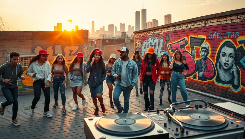 A vibrant street scene reflecting the global influence of American hip-hop culture. In the foreground, a diverse group of young adults in trendy, modest urban fashion stand confidently, showcasing distinct styles inspired by hip-hop. They are engaged in a dance, expressing energy and passion. In the middle ground, colorful graffiti art covers brick walls, depicting iconic hip-hop imagery and influential figures, while a DJ spins records on a turntable. The background features a city skyline under a sunset, casting warm, golden light that creates a lively, dynamic atmosphere. The overall mood is uplifting and celebratory, showcasing the unifying power of hip-hop music and culture worldwide, captured with a slightly angled lens for added depth.