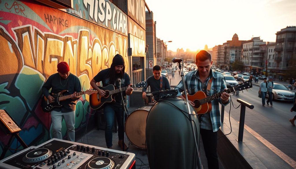 A vibrant urban scene showcasing the essence of hip hop Latino, blending elements of boom bap and reggaeton with flamenco influences. In the foreground, a diverse group of musicians passionately playing instruments like a guitar, turntables, and a cajón, dressed in stylish casual clothing. The middle ground features lively street art murals that depict graffiti and colorful designs, celebrating the culture. In the background, a lively cityscape under the golden glow of sunset, with bustling streets and silhouettes of buildings. Soft, dramatic lighting emphasizes the energy and rhythm of the scene, capturing a festive atmosphere that invites viewers to feel the pulse of urban life. The image embodies the fusion of music styles and the spirit of the street culture. A vibrant urban scene showcasing the essence of hip hop Latino, blending elements of boom bap and reggaeton with flamenco influences. In the foreground, a diverse group of musicians passionately playing instruments like a guitar, turntables, and a cajón, dressed in stylish casual clothing. The middle ground features lively street art murals that depict graffiti and colorful designs, celebrating the culture. In the background, a lively cityscape under the golden glow of sunset, with bustling streets and silhouettes of buildings. Soft, dramatic lighting emphasizes the energy and rhythm of the scene, capturing a festive atmosphere that invites viewers to feel the pulse of urban life. The image embodies the fusion of music styles and the spirit of the street culture.