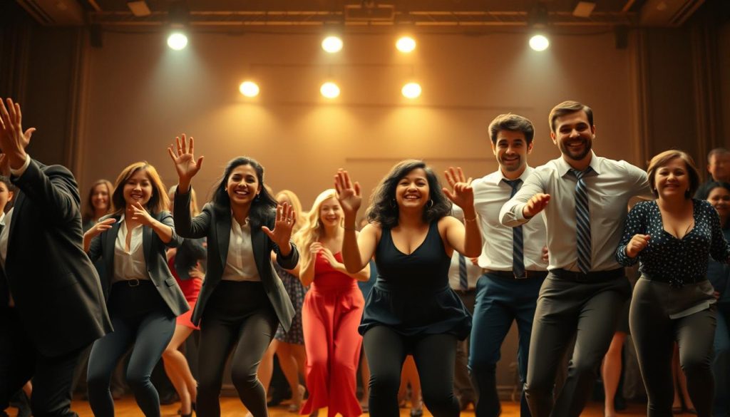A cinematic scene showcasing the vibrant interplay of comedy and drama in dance films. In the foreground, a diverse group of dancers, dressed in professional business attire and modest casual clothing, perform a synchronized routine filled with lively expressions. The middle ground features a small audience of various ages, smiling and engaged, highlighting the emotional connection between the performers and viewers. In the background, dimly lit stage lights create a warm and inviting atmosphere, with spotlights illuminating the dancers. Capture a candid moment of joy and intensity, using soft focus on the audience to emphasize the dancers’ vibrant movements. The composition should have a slightly angled view, enhancing the dynamic energy of the performance, and evoke a sense of celebration in the art of dance. A cinematic scene showcasing the vibrant interplay of comedy and drama in dance films. In the foreground, a diverse group of dancers, dressed in professional business attire and modest casual clothing, perform a synchronized routine filled with lively expressions. The middle ground features a small audience of various ages, smiling and engaged, highlighting the emotional connection between the performers and viewers. In the background, dimly lit stage lights create a warm and inviting atmosphere, with spotlights illuminating the dancers. Capture a candid moment of joy and intensity, using soft focus on the audience to emphasize the dancers’ vibrant movements. The composition should have a slightly angled view, enhancing the dynamic energy of the performance, and evoke a sense of celebration in the art of dance.