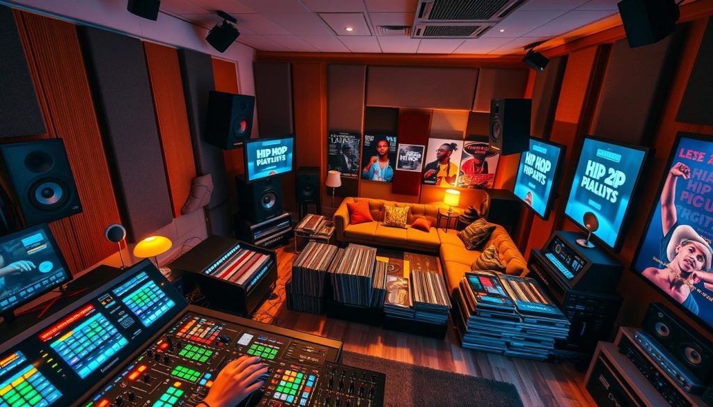 A contemporary music studio bustling with energy, featuring a DJ mixing playlists at a large control panel filled with colorful buttons and glowing screens in the foreground. In the middle, large speakers emit vibrant sound waves while stacks of vinyl records and digital displays showcase the latest hip hop playlists. A cozy lounge area can be seen with plush seating, encouraging collaboration and discussion among creators. The background is adorned with soundproof walls and acoustic panels, illuminated by warm lighting that creates an inviting atmosphere. Capture this scene with a slight overhead angle to convey a dynamic environment, emphasizing the blend of modern technology and creativity. The mood is vibrant and inspiring, reflecting the pulse of the hip hop culture.