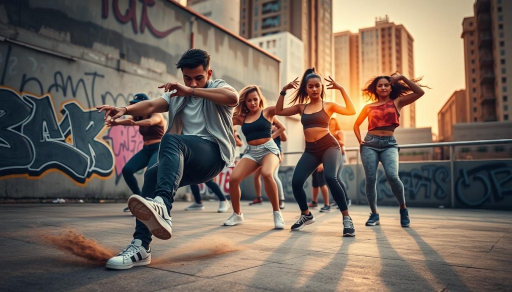A dynamic hip-hop dance scene featuring a group of diverse dancers in stylish casual athletic wear, showcasing intricate choreography and energetic movements. In the foreground, focus on a male dancer performing a powerful move, with his sneakers kicking up a bit of dust. In the middle ground, capture two female dancers executing a synchronized routine, their faces radiating passion and determination. The background highlights an urban setting, with graffiti on the walls and city buildings bathed in warm sunset lighting. The scene conveys a vibrant and energetic atmosphere, emphasizing movement and rhythm. Use a wide-angle lens to create a sense of scale and depth, portraying the lively essence of contemporary hip-hop dance and its fusion of styles. A dynamic hip-hop dance scene featuring a group of diverse dancers in stylish casual athletic wear, showcasing intricate choreography and energetic movements. In the foreground, focus on a male dancer performing a powerful move, with his sneakers kicking up a bit of dust. In the middle ground, capture two female dancers executing a synchronized routine, their faces radiating passion and determination. The background highlights an urban setting, with graffiti on the walls and city buildings bathed in warm sunset lighting. The scene conveys a vibrant and energetic atmosphere, emphasizing movement and rhythm. Use a wide-angle lens to create a sense of scale and depth, portraying the lively essence of contemporary hip-hop dance and its fusion of styles.