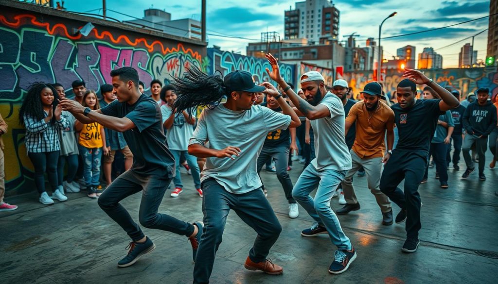 A dynamic scene capturing the essence of a hip hop dance crew in action, showcasing diverse dancers of various ethnicities in modest casual clothing. In the foreground, a group of six dancers is engaged in a powerful dance battle, showcasing impressive moves and expressions of concentration and camaraderie. The middle ground features an audience of young fans, cheering and absorbing the energy, with vibrant graffiti art decorating the walls around them. The background is a bustling urban environment, hinting at a cityscape under twilight, with warm ambient lighting highlighting the dancers. The mood is energetic and vibrant, celebrating teamwork and spirit in hip hop culture, captured with a wide-angle lens to emphasize movement and connection. A dynamic scene capturing the essence of a hip hop dance crew in action, showcasing diverse dancers of various ethnicities in modest casual clothing. In the foreground, a group of six dancers is engaged in a powerful dance battle, showcasing impressive moves and expressions of concentration and camaraderie. The middle ground features an audience of young fans, cheering and absorbing the energy, with vibrant graffiti art decorating the walls around them. The background is a bustling urban environment, hinting at a cityscape under twilight, with warm ambient lighting highlighting the dancers. The mood is energetic and vibrant, celebrating teamwork and spirit in hip hop culture, captured with a wide-angle lens to emphasize movement and connection.