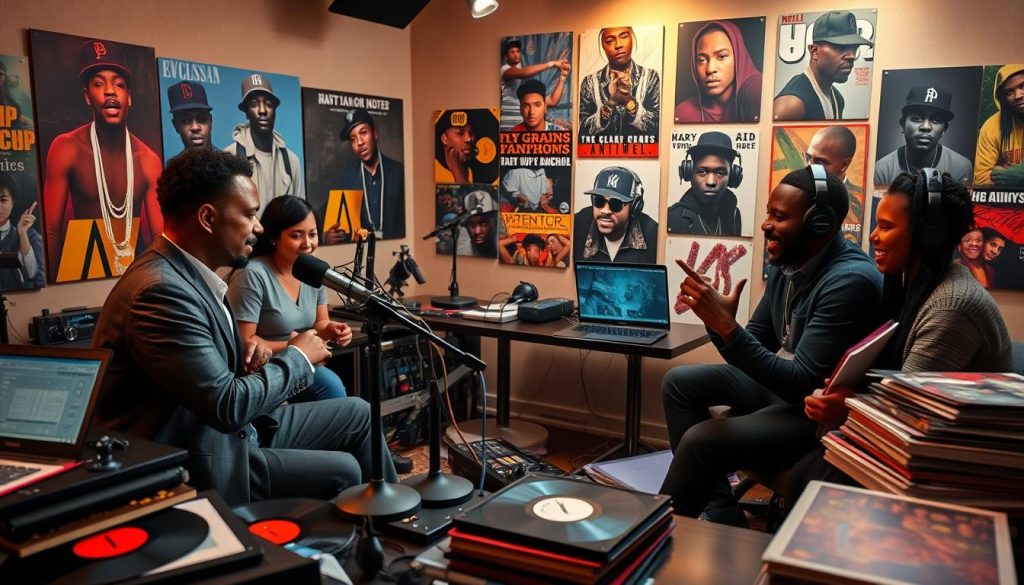 A dynamic scene depicting a podcast studio focused on hip hop analysis. In the foreground, a professional-looking host, dressed in smart casual attire, sits at an elegant microphone, engaging passionately with guests who display varying emotions of intrigue and excitement. The middle ground features high-tech audio equipment, laptops, and scattered vinyl records, symbolizing the blend of modern media and classic hip hop culture. In the background, colorful posters of iconic rap artists and album covers adorn the walls, creating a vibrant atmosphere. Soft, warm lighting casts an inviting glow, highlighting the interplay between conversation and music. The overall mood is energetic and intellectual, reflecting the depth and excitement of hip hop podcasting.