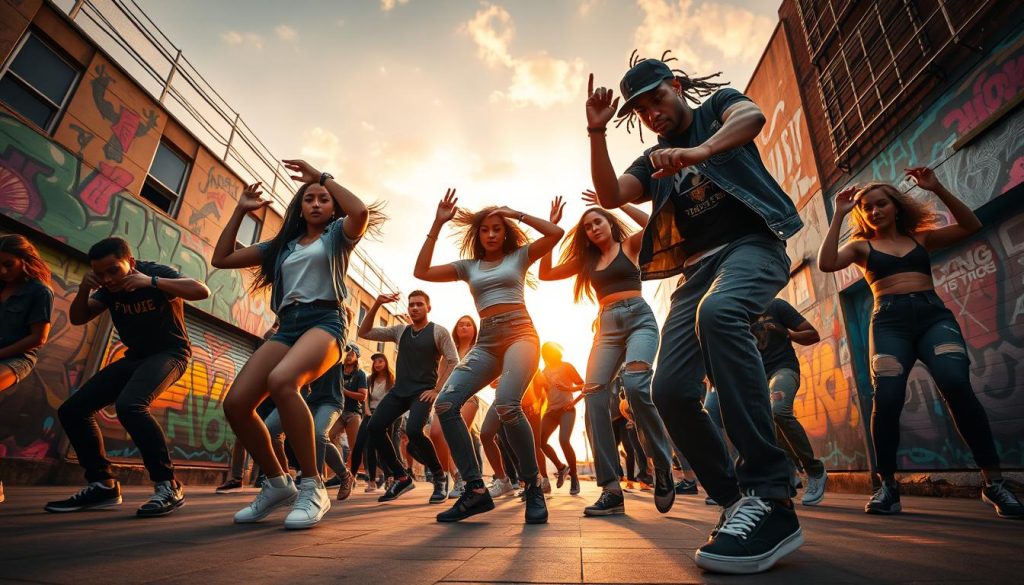 A dynamic urban dance scene showcasing stunning hip-hop choreography. In the foreground, a diverse group of dancers in stylish, casual outfits, executing intricate moves with grace and energy. Their expressions convey passion and focus. The middle ground features a vibrant city street, adorned with colorful graffiti art that adds to the energetic atmosphere. In the background, a sunset sky casts a warm golden glow, offering dramatic lighting that highlights the dancers' movements. The scene is captured with a slightly low angle to accentuate the dancers' height and skill. A lively atmosphere filled with motion, creativity, and the essence of hip-hop culture. A dynamic urban dance scene showcasing stunning hip-hop choreography. In the foreground, a diverse group of dancers in stylish, casual outfits, executing intricate moves with grace and energy. Their expressions convey passion and focus. The middle ground features a vibrant city street, adorned with colorful graffiti art that adds to the energetic atmosphere. In the background, a sunset sky casts a warm golden glow, offering dramatic lighting that highlights the dancers' movements. The scene is captured with a slightly low angle to accentuate the dancers' height and skill. A lively atmosphere filled with motion, creativity, and the essence of hip-hop culture.